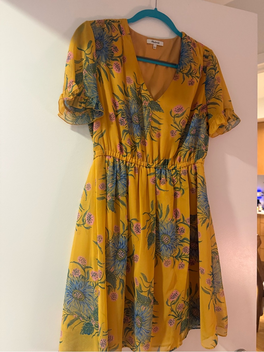 Madewell Yellow Floral V-Neck Mini Dress